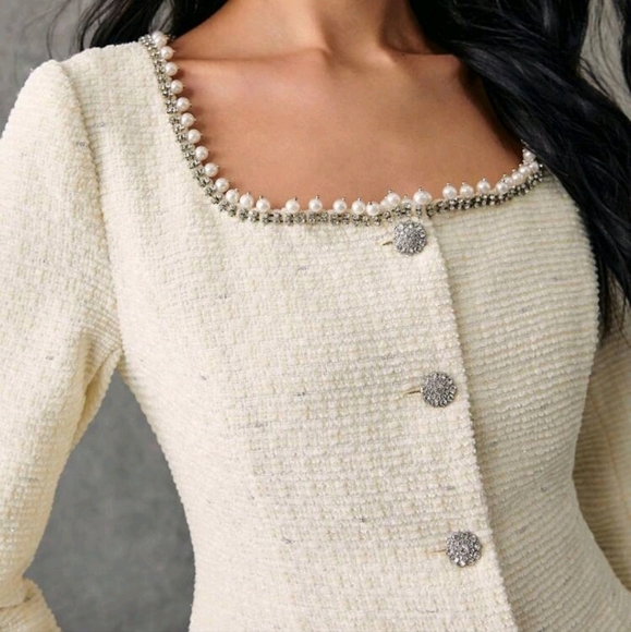 2pcs Women Elegant Beaded & Rhinestone Decor Front Button Blouse And Skirt - Picture 2 of 6